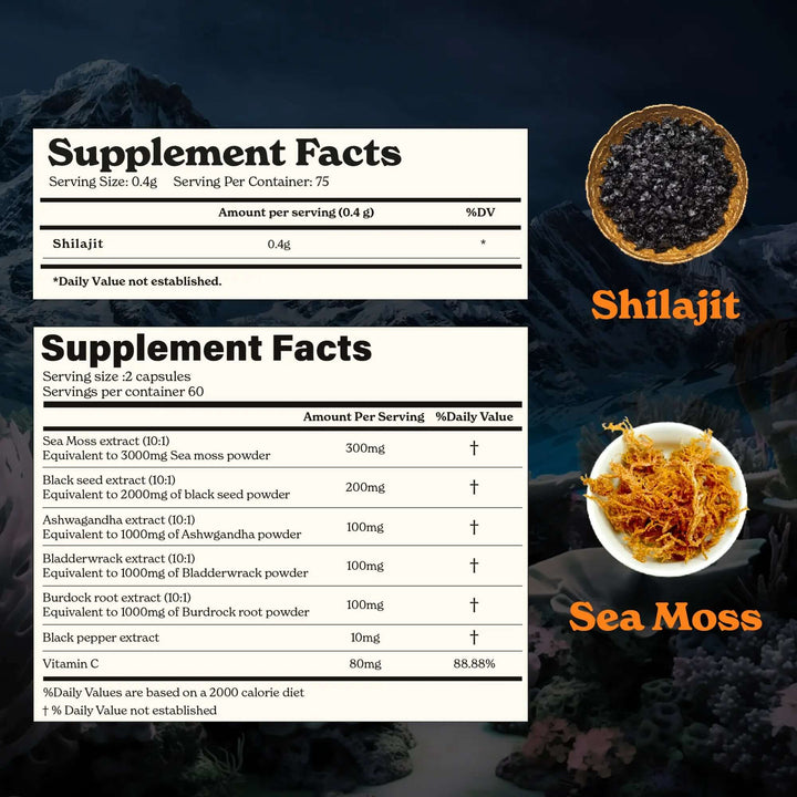 Himalayan Shilajit Sea Moss, Ashwagandha, Black Pepper supplement facts with nutrients and usage details.