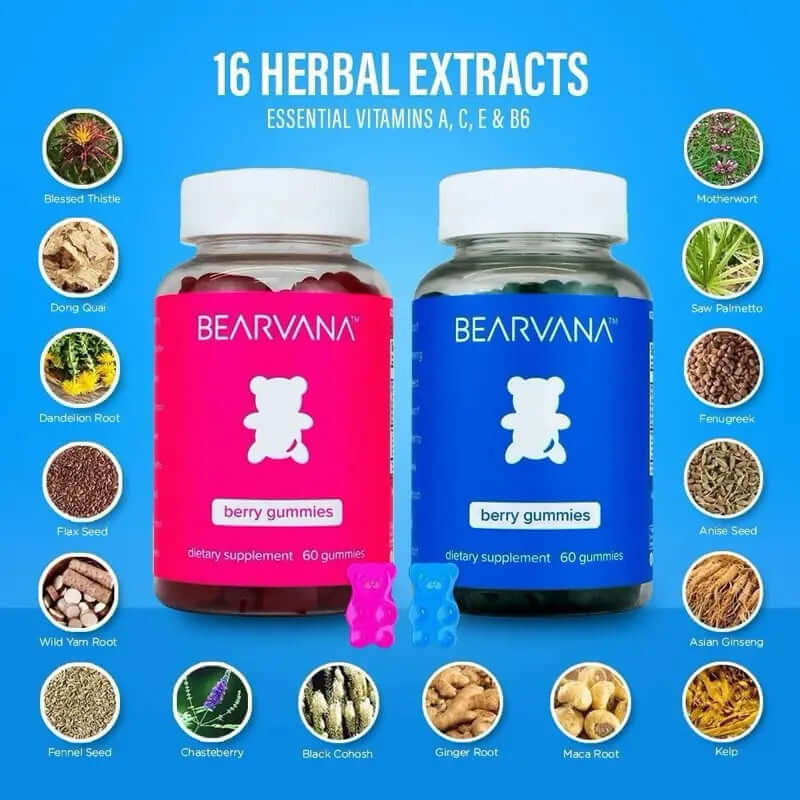 Women’s Support Supplement | Gummies Combo Pack featuring Bearvana berry gummies with essential vitamins and herbal extracts.
