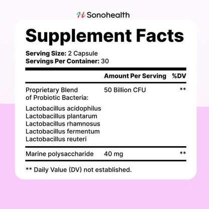Supplement Facts for Women's Probiotics showing capsule dosage, bacterial strains, and serving information.