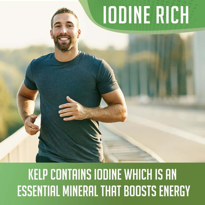 A man jogging outdoors promoting the benefits of Organic Kelp Powder for energy and iodine.