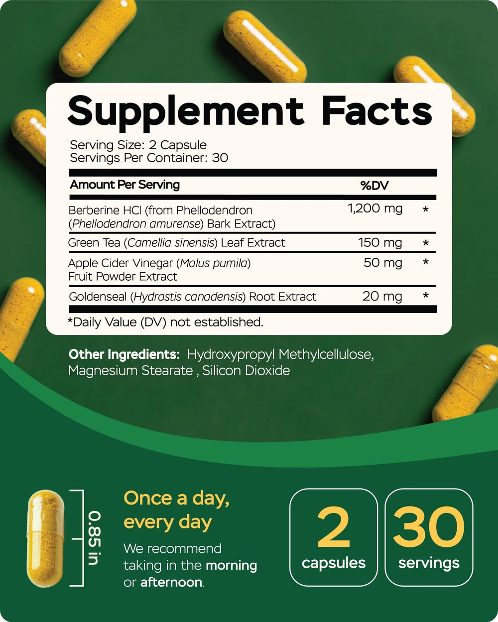 Ultimate Metabolic Support Supplement - Berberine HCL 1200mg & Japanese Green Tea Extract 150mg with Apple Cider Vinegar & Goldenseal for Digestive & Immune Health - 60 Capsules
