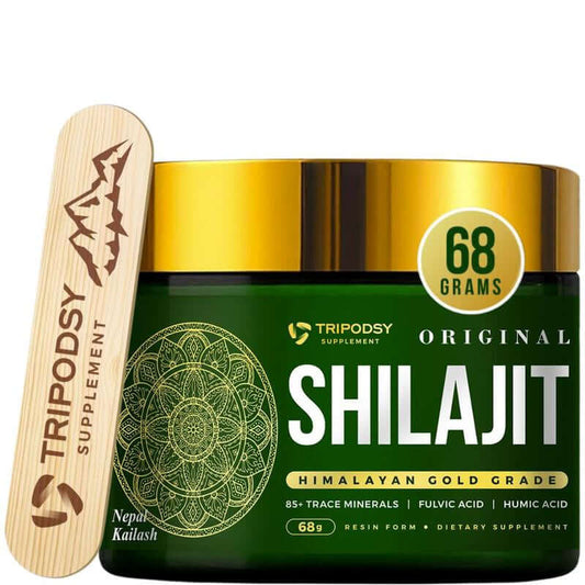 Pure Himalayan Shilajit Resin in a green jar with wooden spoon, promoting energy and focus.