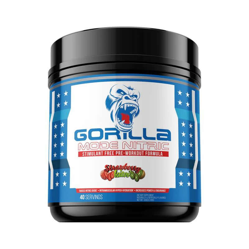 Stimulant Free Pre-Workout - Nitric Pump Formula by Gorilla Mode, 40 servings, strawberry flavor, energy boost.