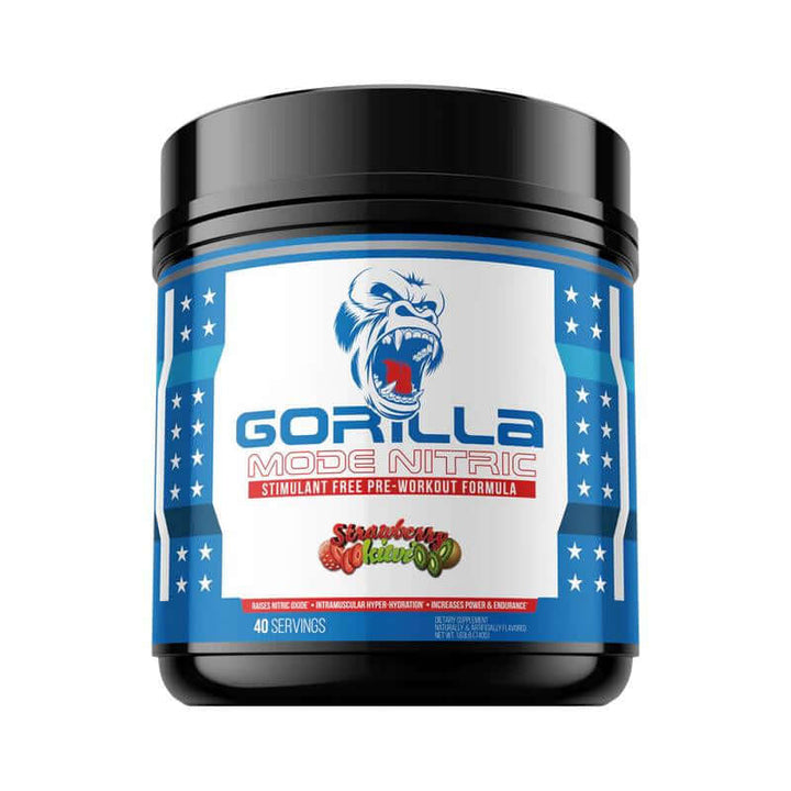 Stimulant Free Pre-Workout - Nitric Pump Formula by Gorilla Mode, 40 servings, strawberry flavor, energy boost.