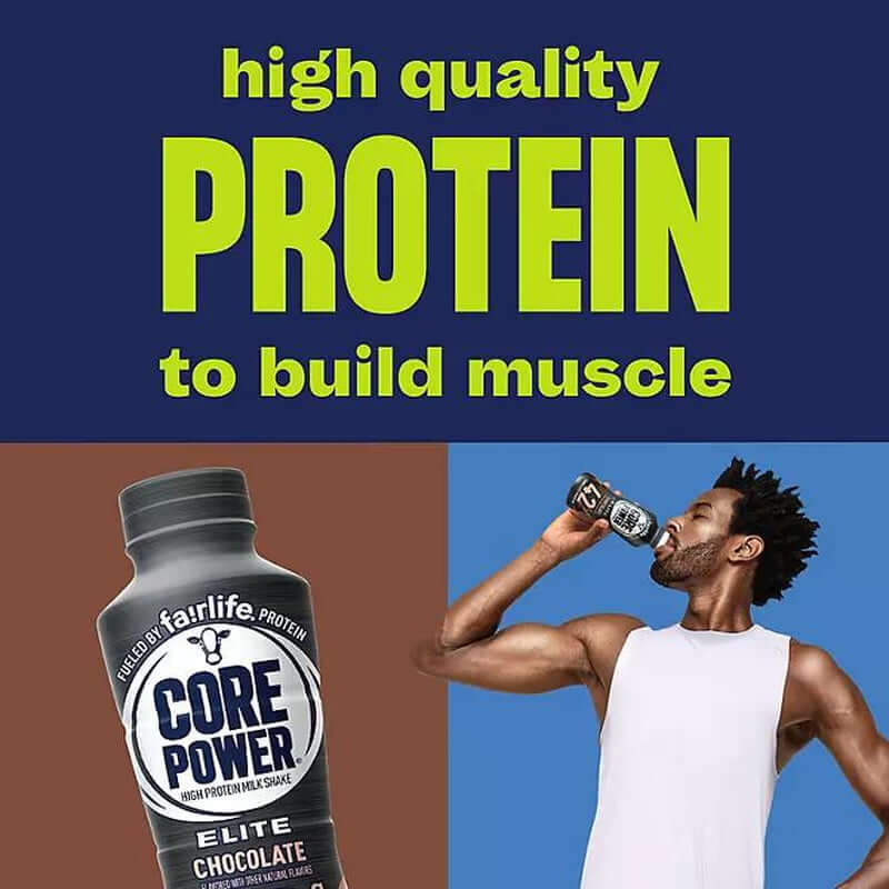 Core Power Protein Shake with high quality protein for muscle recovery and energy, shown with active person enjoying the drink.