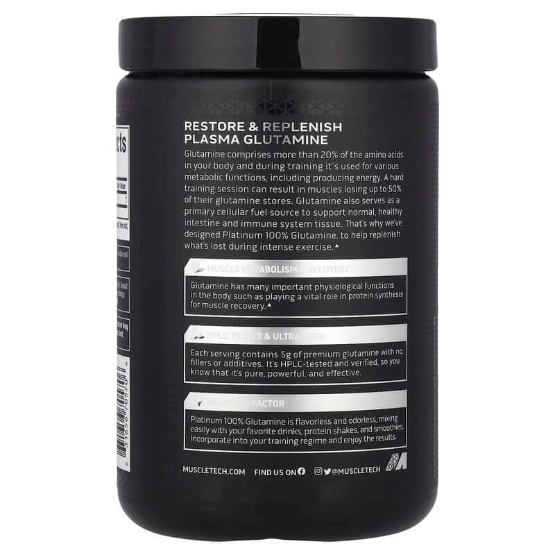 Platinum 100% Glutamine, Unflavored, 10.58 Oz (300 G) supplement jar for muscle recovery and repair.
