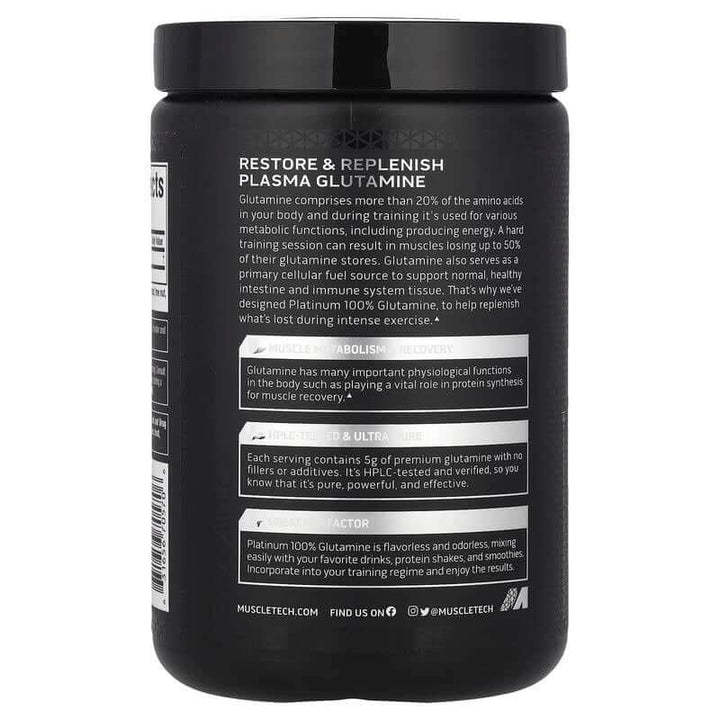 Platinum 100% Glutamine, Unflavored, 10.58 Oz (300 G) supplement jar for muscle recovery and repair.