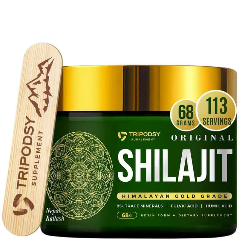 Pure Himalayan Shilajit Resin in green container with measuring stick and label showing 68 grams and 113 servings.