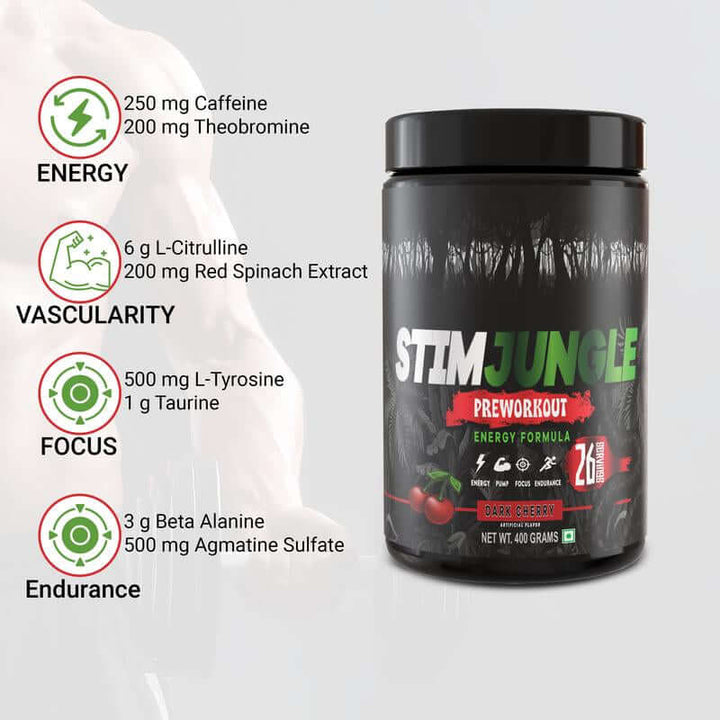 Pre-workout Energy Blend in black container with detailed ingredients on label for energy, focus, and endurance.
