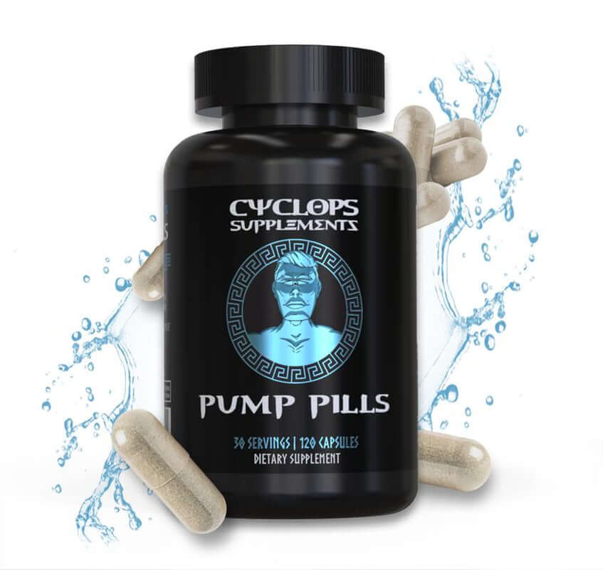Nonstim Pre-Workout Pump Capsule Supplements in a black bottle with capsules and water droplets