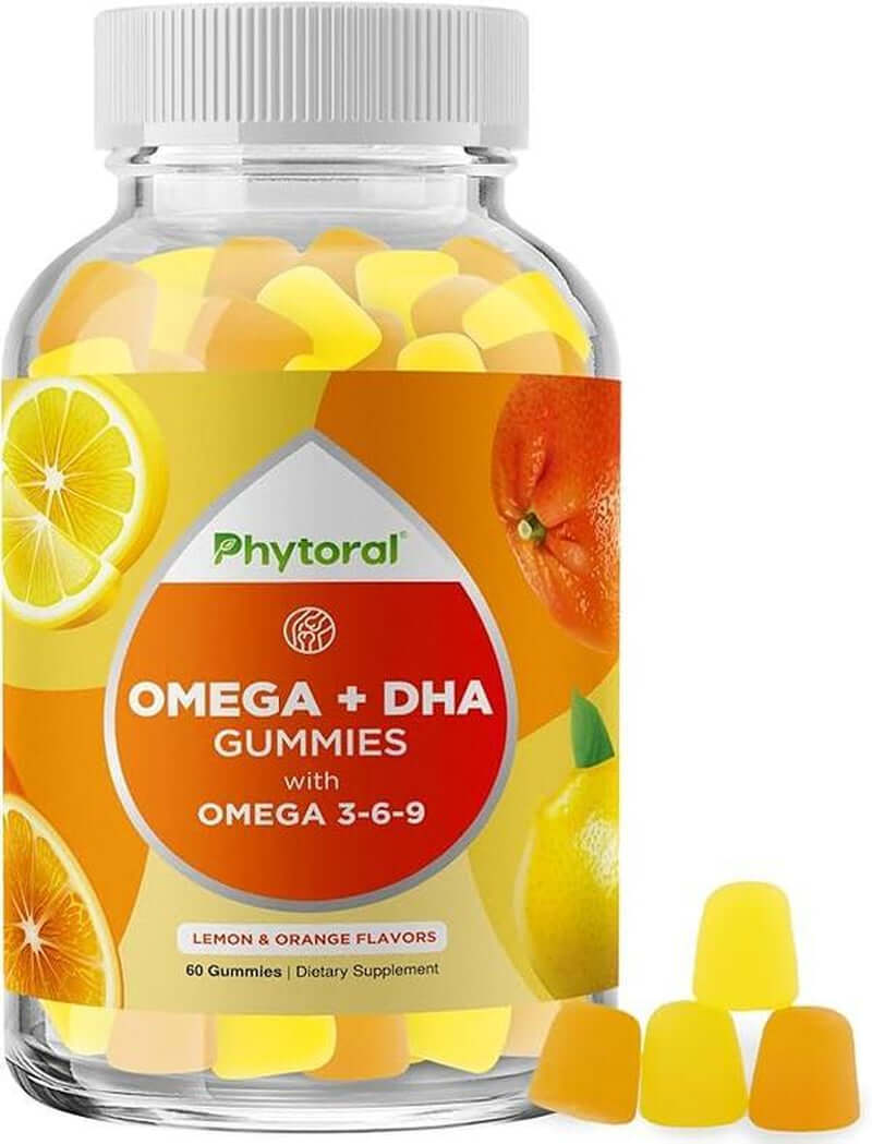 DHA Omega 3-6-9 Gummies for Adults in a clear bottle with vibrant lemon and orange gummies.
