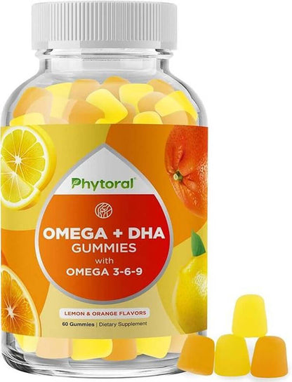 DHA Omega 3-6-9 Gummies for Adults in a clear bottle with vibrant lemon and orange gummies.