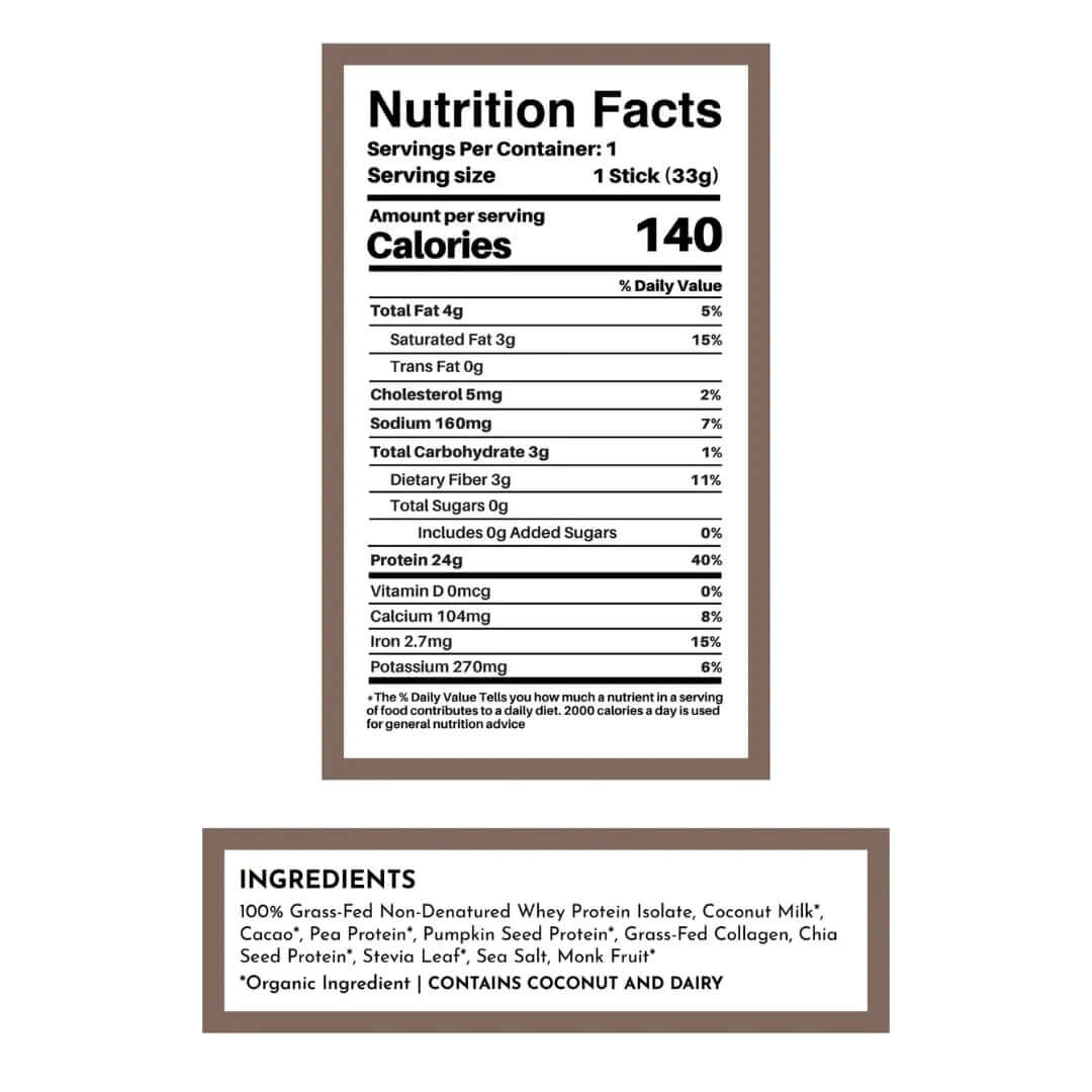 Nutrition facts and ingredients for Chocolate Protein Powder - Individual Stick providing 140 calories and essential nutrients.