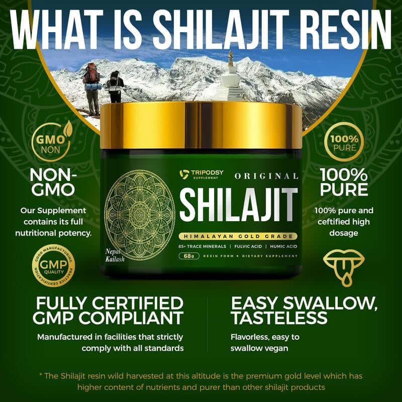 Pure Himalayan Shilajit Resin in a jar with benefits listed, promoting natural energy and well-being.
