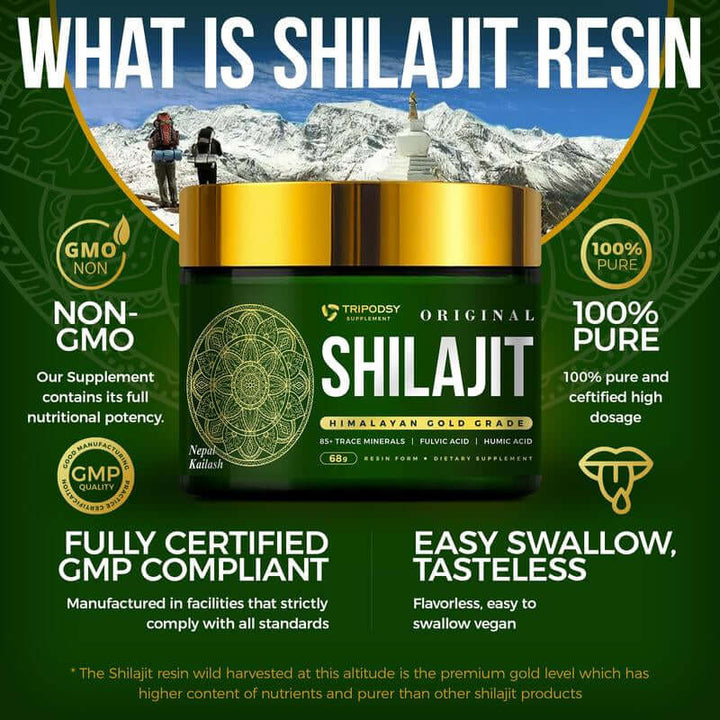 Pure Himalayan Shilajit Resin in a jar with benefits listed, promoting natural energy and well-being.