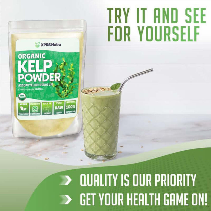 Organic Kelp Powder packaging next to a green smoothie in a glass, promoting health benefits and quality.