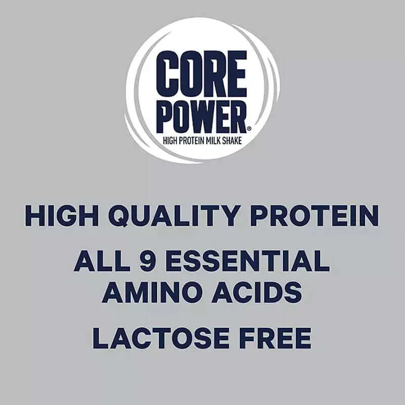 Core Power Protein Shake label highlighting high quality protein, 9 essential amino acids, and lactose-free.