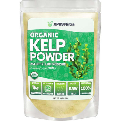 Organic Kelp Powder in a resealable pouch, rich in nutrients and ideal for smoothies and soups.