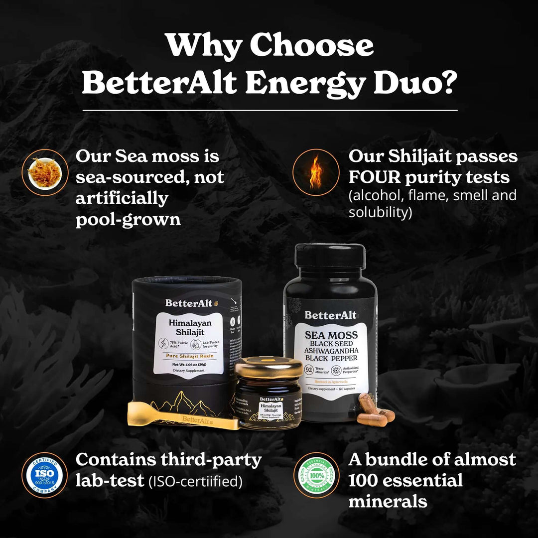 Himalayan Shilajit Sea Moss, Ashwagandha, Black Pepper benefits includes purity tests and essential minerals.