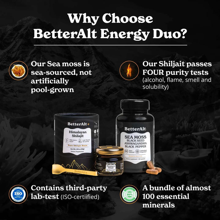 Himalayan Shilajit Sea Moss, Ashwagandha, Black Pepper benefits includes purity tests and essential minerals.