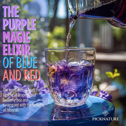 Organic Purple Hibiscus and Butterfly Pea Flower Tea served in a glass, showcasing vibrant blue and purple colors.