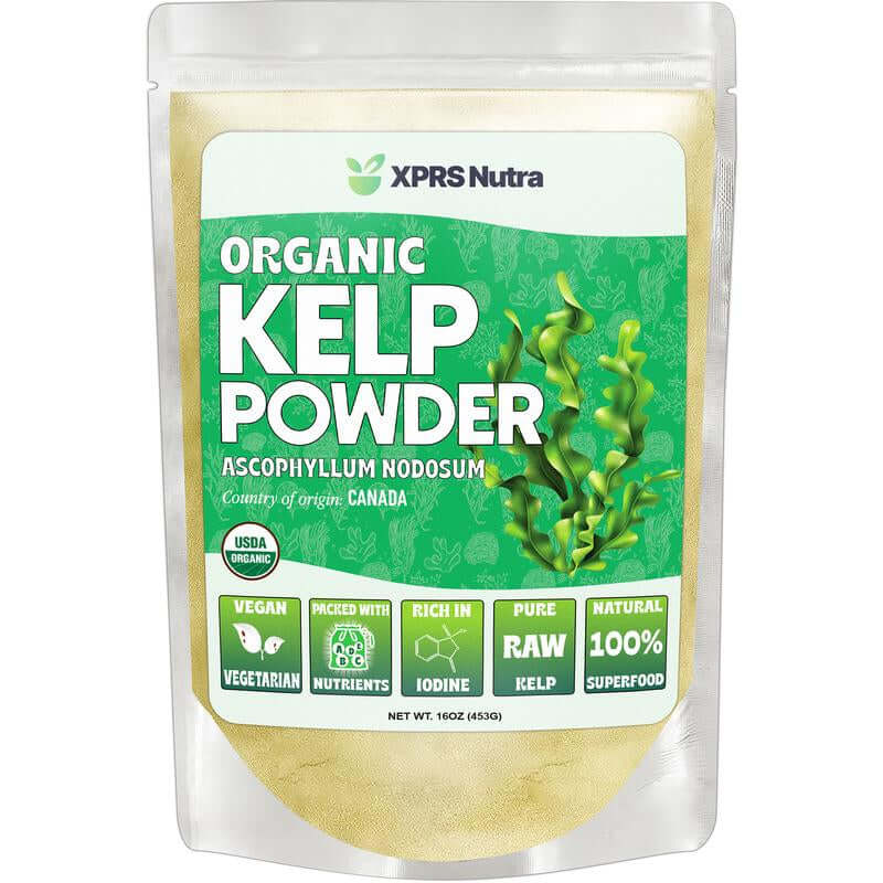 Organic Kelp Powder in a resealable bag packed with nutrients for a natural superfood boost.