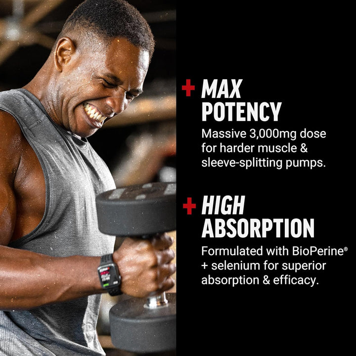 L-Arginine Nitric Oxide Supplement with Bioperine to Help Build Muscle and Support Stronger Blood Flow, Circulation, Nutrient Delivery, and Pumps, L-Arginine 3000Mg, 3G, 150 Capsules