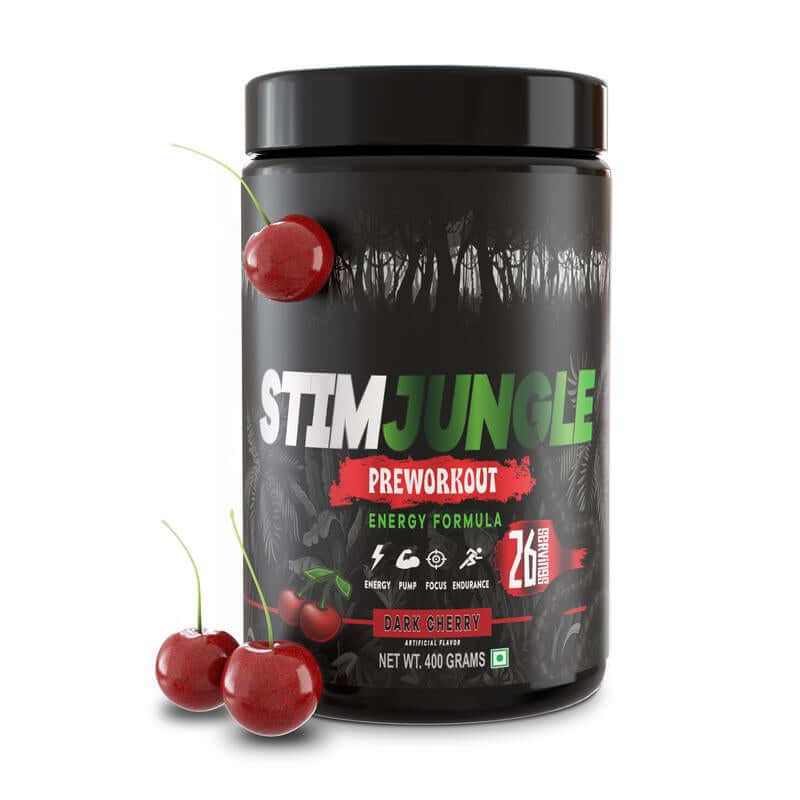 Pre-workout Energy Blend container with dark cherry flavor and energy formula for explosive workouts.