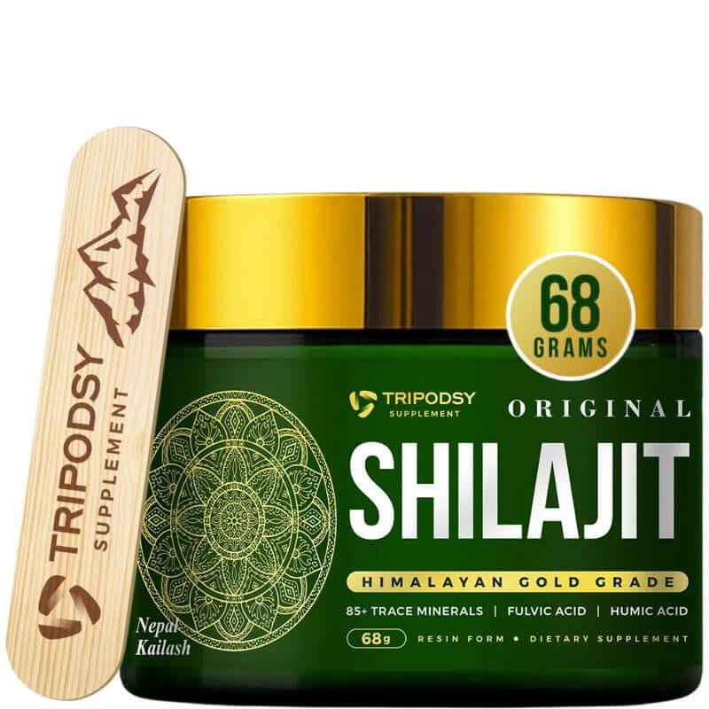 Pure Himalayan Shilajit Resin in a jar with a wooden scoop, containing 68 grams of natural supplement.