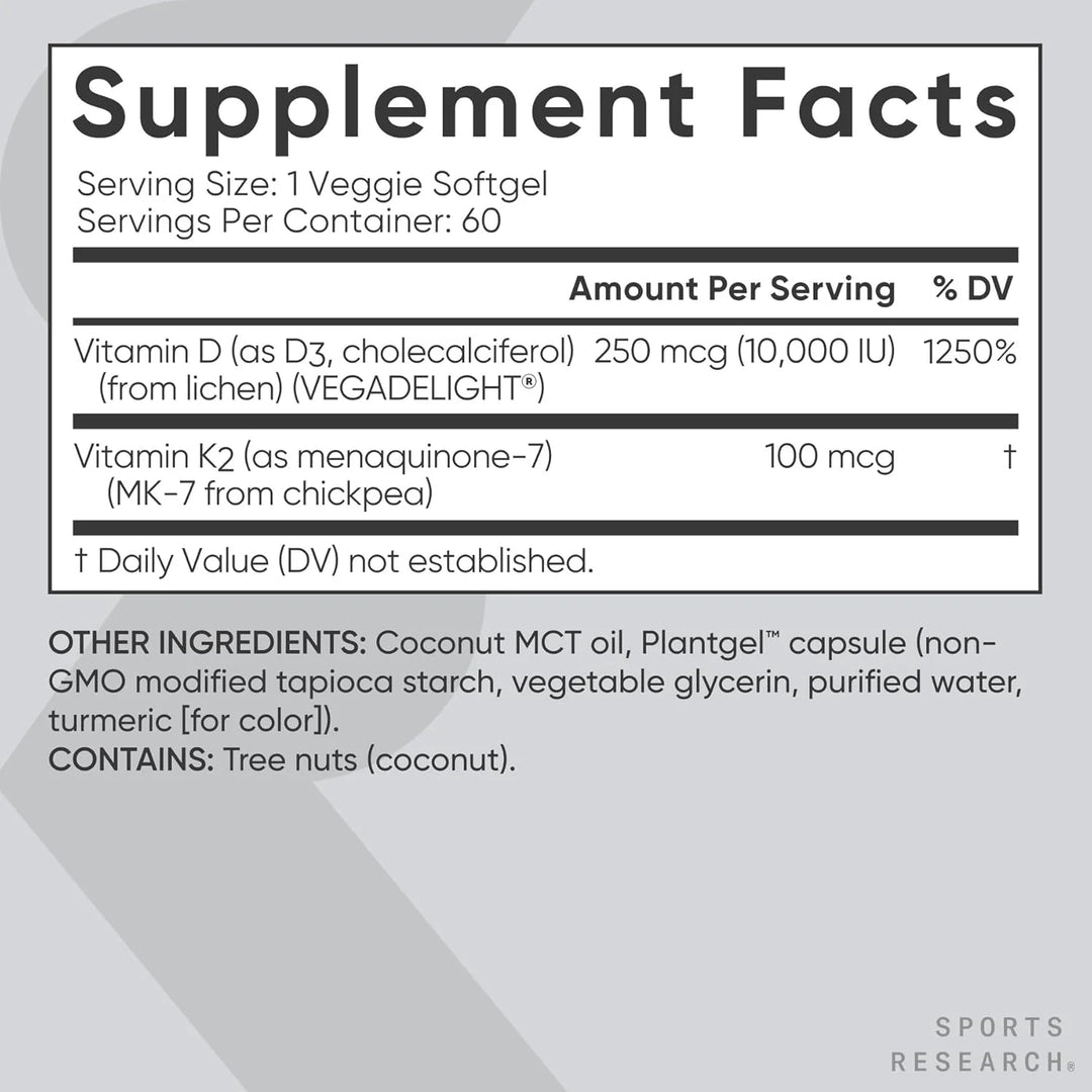 Sports Research® Vitamin D3 + K2 with 10,000Iu of Plant-Based D3 &amp; 100Mcg of Vitamin K2 as MK-7 | Non-Gmo Verified &amp; Vegan Certified 60Ct