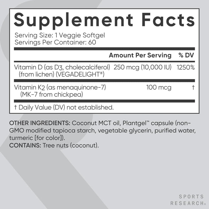 Sports Research® Vitamin D3 + K2 with 10,000Iu of Plant-Based D3 &amp; 100Mcg of Vitamin K2 as MK-7 | Non-Gmo Verified &amp; Vegan Certified 60Ct