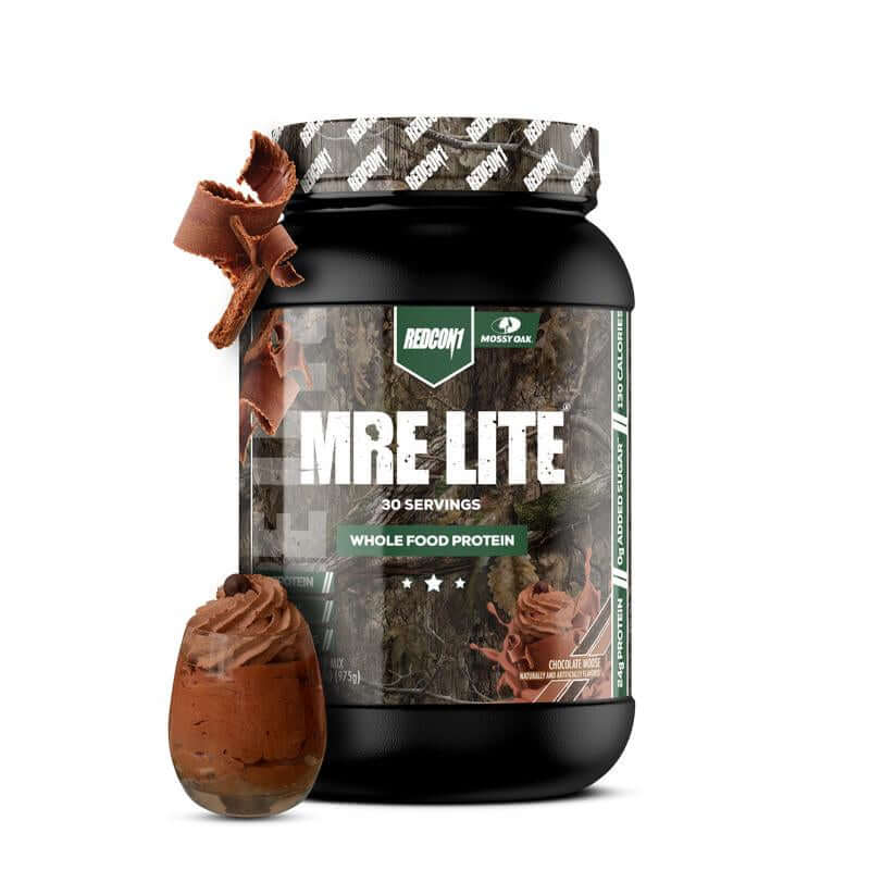 MRE Lite Whole Food Protein container with chocolate flavor and a scoop of protein.