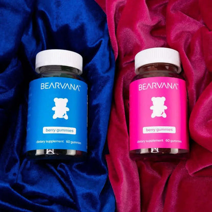Women’s Support Supplement | Gummies Combo Pack featuring bear-shaped berry-flavored gummies in blue and pink bottles.