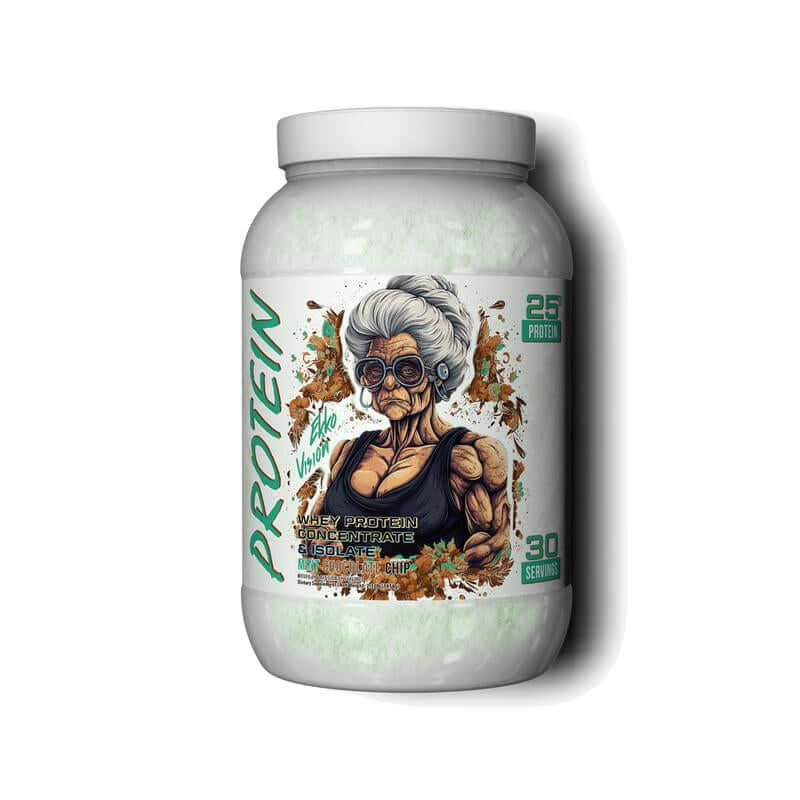 Whey Protein Powder container featuring a muscular woman with glasses, highlighting 25g protein per serving.