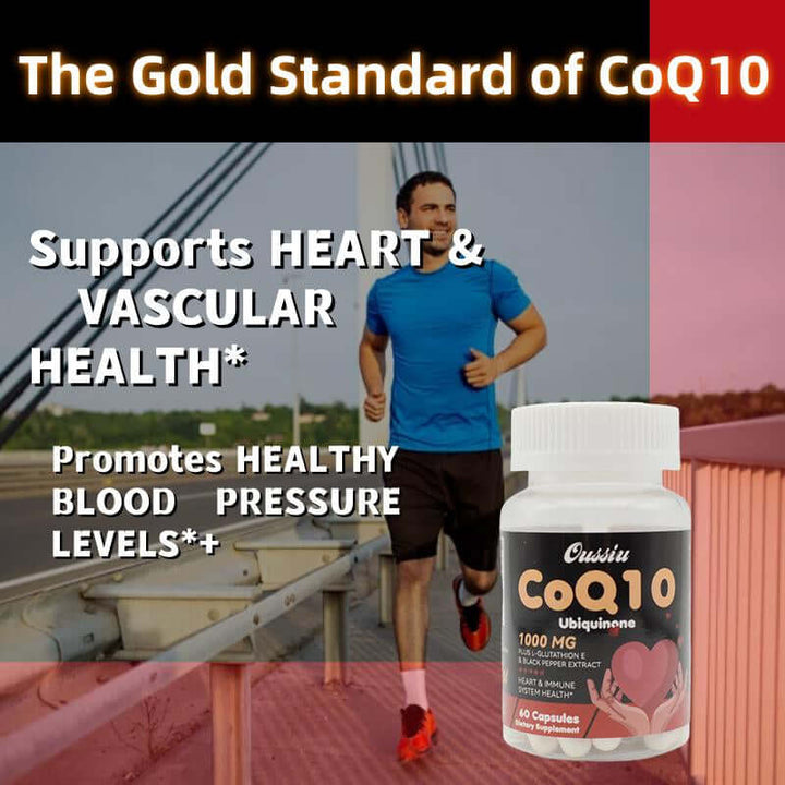 1000Mg CoQ10 Ubiquinone for Heart Health Energy supplement for heart and vascular health with a runner.