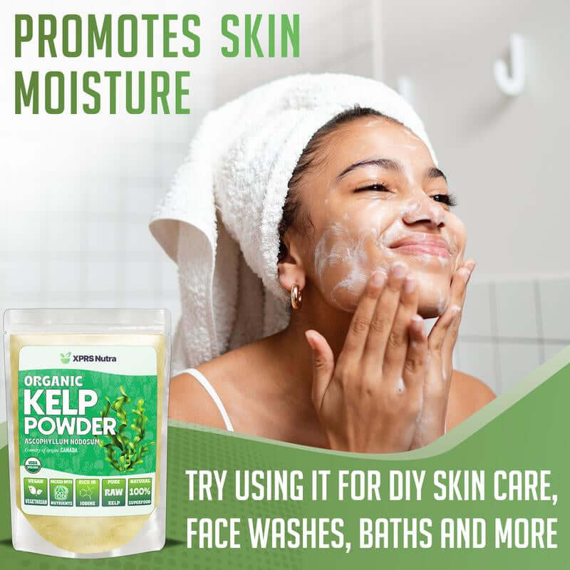 Woman applying face wash with Organic Kelp Powder in the foreground, promoting skin moisture and DIY skin care.