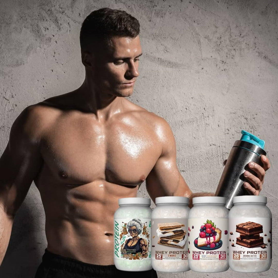 Muscular man holding a shaker with Whey Protein Powder jars in the foreground.